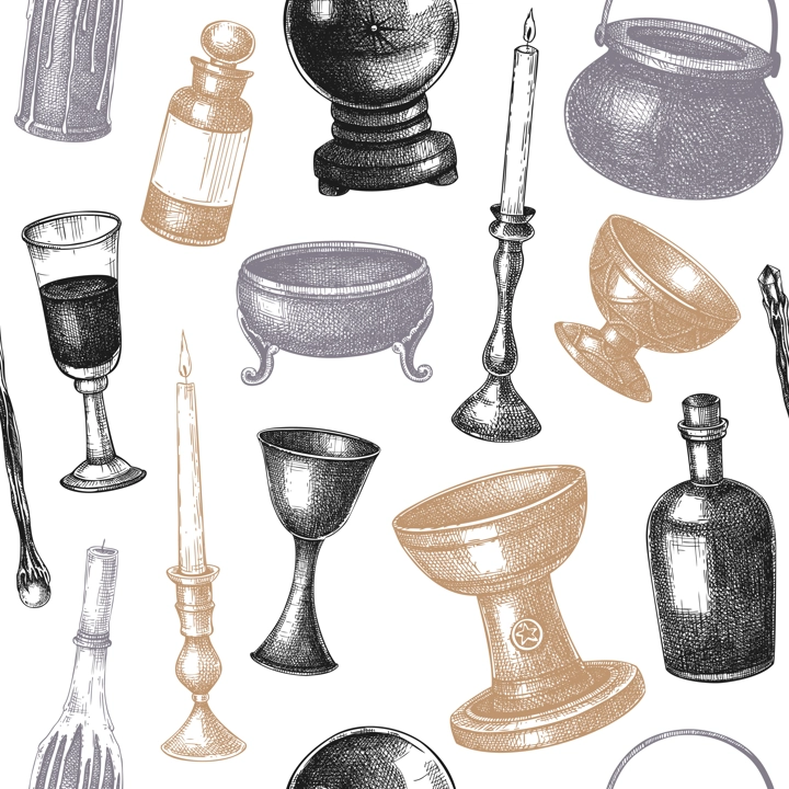 Bohemian style witchcraft seamless pattern. Witchcraft kitchenware utensil sketches. Vinatge Halloween background. Hand-drawn vector illustration.. NOT AI generated